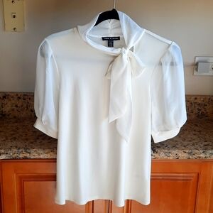 Cable & Gauge Ivory Sheer Chiffon Puffed Sleeves & Tie Neck Blouse